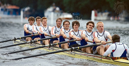 A men's eight boat from the Hansa Dortmund rowing club
of West Germany competes to win the Grand Challenge Cup at the Henley Royal
Regatta at Henley-on-Thames, England in 1989. (Peter Spurrier Sports
Photography)